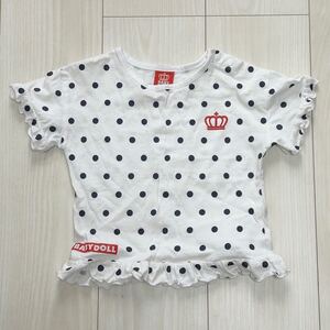 ■BABYDOLL ベビードール 半袖Tシャツ 90サイズ ドット柄 水玉柄 白×紺 女の子用 トップス 中古 古着 子供服 ベビー服 【萌猫堂】