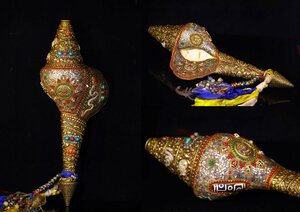【清】某有名収集家買取品 西蔵・チベット伝来・時代物 巻き貝 象嵌寶石・天珠法螺 法具 極細工 密教古美術