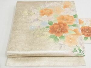 平和屋-こころ店◎九寸名古屋帯　中国三大刺繍　汕頭刺繍　スワトウ刺繍　草花文　金糸　正絹　逸品　AAAF7893Aex