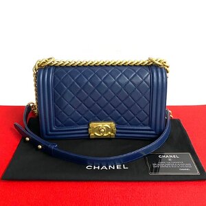 極 美品 カード シール有 24番台 CHANEL シャネル ボーイシャネル ラムスキン 本革 チェーン ショルダーバッグ ポシェット ネイビー 28954