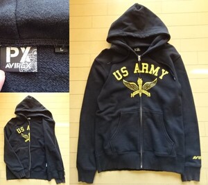 【PX AVIREX】US ARMY フルジップ スウェットパーカー ブラック SIZE:LARGE (アヴィレックス,ミリタリー,フライト,上野商会)