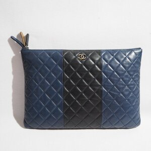 M5442P　▼CHANEL シャネル▼　レザー マトラッセ クラッチバッグ ライン バイカラー ネイビー ブラック / 中綿 キルティング rb mks