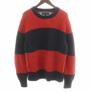 未使用品 トミーヒルフィガー TOMMY HILFIGER コットン ニット セーター ボーダー 刺繍 ロゴ タグ付き XXL オーバーサイズ 赤 紺