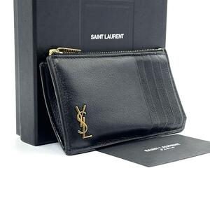 極美品◆SAINT LAURENT サンローラン フラグメントケース コインケース カードケース YSLロゴ カサンドラ ゴールド ブラック