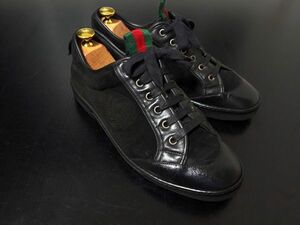 美品 グッチ 40.5E GUCCI シェリーライン 黒 ローカット レザースニーカー 8727