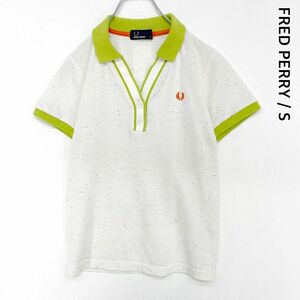 美品　フレッドペリー　スキッパー　ネップ　刺繍ロゴ　半袖　ポロシャツ　白　バイカラー　レディース　Sサイズ　FRED PERRY