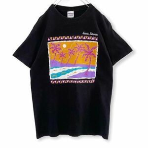 US古着 ヴィンテージ ビッグプリント シングルステッチ 半袖 Tシャツ 海 ビーチ ヤシの木 イラスト アート Lサイズ アメリカ製