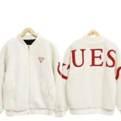 GUESS ボアジャケット バックビッグロゴ サガラ刺繍　ワッペンロゴ　M