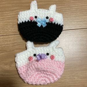 手編み　コースター　うさぎ　ウサギ　2種セット　ハンドメイド　ピンク　ブラック