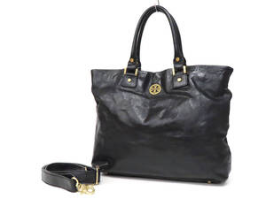 24530 美品 TORY BURCH トリーバーチ TTロゴ ゴールド金具 本革 ソフトレザー 2WAY トートバッグ ショルダーバッグ 黒 ブラック レディース