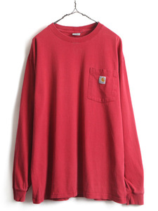 ■ カーハート ポケット付き 長袖 Tシャツ ( メンズ L ) 古着 CARHARTT ロンT ワンポイント クルーネック ポケT 無地 ロゴT レッド 赤 K126