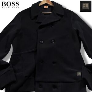 美品/Lサイズ●ヒューゴボス ニット風 コットン ピーコート ジャケット HUGO BOSS オレンジ ストレッチ ロゴワッペン 黒 ブラック