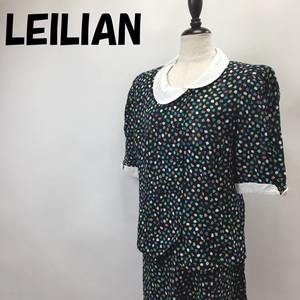 【人気】LEILIAN/レリアン 総柄 半袖シャツ スカート セットアップ 肩パット付き ブラック サイズ11/S2612