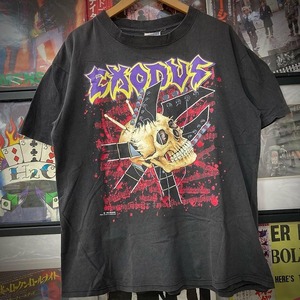 EXODUS / USED T-SHIRT (★黒/L/ブロッカム銀タグUS製/BP有/C1990/袖シングルステッチ/袖ステッチ糸抜け/IMPACT IS～/)