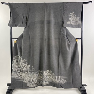 訪問着 身丈165cm 裄丈68cm L 袷 建物 松 黒灰 正絹 優品 【中古】