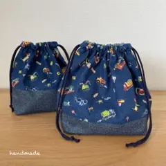 ハンドメイド　お弁当袋＆コップ袋　働く車紺