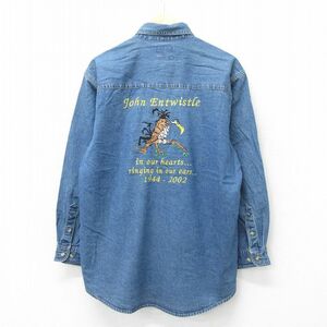 L/古着 リー Lee 長袖 シャツ メンズ 00s 鳥 刺繍 ロング丈 コットン ボタンダウン 紺 ネイビー デニム 24sep03 中古 トップス