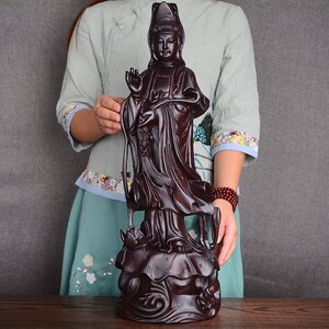 美品推薦★仏教美術 精密細工 木彫り　仏像 黒檀木 観音菩薩像 置物 高さ50cm