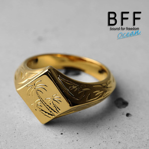 BFF ブランド パームツリー 印台リング スモール 小ぶり ゴールド 18K GP 菱形 手彫り 専用BOX付属 (16号)