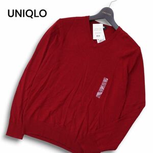 【新品 未使用】 UNIQLO ユニクロ 秋冬 エクストラファイン メリノウール100%★ Vネック ニット セーター Sz.S　メンズ 赤　C4T07675_8#K