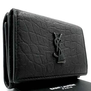 《美品》SAINT LAURENT PARIS サンローランパリ レザー コンパクト ウォレット 三つ折り財布 小銭入れ付 ブラック ロゴ金具