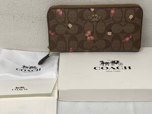 【未使用 保管品】 COACH コーチ ラウンドファスナー 長財布 ロングウォレット シグネチャー 蝶 バタフライ ベージュ×ピンク系 I