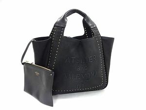 1円 ■美品■ VALENTINO GARAVANI ヴァレンティノ ガラヴァーニ アトリエバッグ キャンバス ポーチ付き ハンドバッグ ブラック系 BM2432