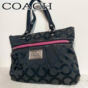 美品COACHコーチセミショルダーバッグトートバッグブラック黒シグネチャー総柄