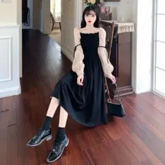 【新品】ワンピース ドレス 黒 ブラック シフォン ドット パーティー L 韓国
