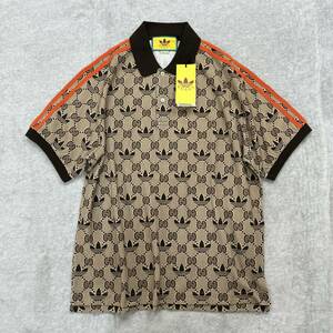 Sサイズ 新品未使用 GUCCI adidas GG トレフォイル ポロシャツ グッチ アディダス コラボ 半袖 Tシャツ トップス メンズ レア 総柄 正規品