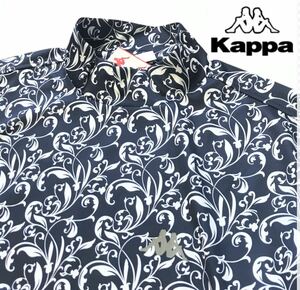 ◆H625新品【メンズXL(LL)】総柄 リーフ柄 ネイビー【Kappa GOLF】カッパゴルフ 吸汗速乾 抗菌防臭 ストレッチ モックネック半袖シャツ(0)