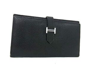 1円 ■美品■ HERMES エルメス ベアン スフレ トゴ シルバー金具 二つ折り 長財布 ウォレット □L刻印 ブラック系 FK0905