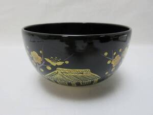 H07110 【 茶道具 一寛作 金彩梅色絵 黑茶碗 陶印 京焼 箱無 】 検) 作家物 煎茶道具 茶懐石 茶湯 茶事 茶器 茶具 お稽古 お点前 来客 ⅰ