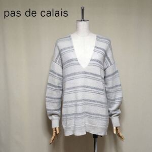 【pas de calais】パドカレ ボーダー Vネック ニットセーター 38/Mサイズ相当 グレー レディース トップス ドロップショルダー