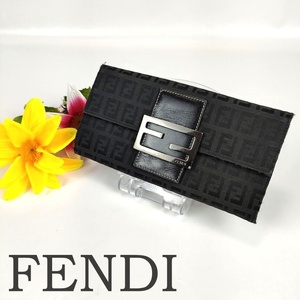 FENDI フェンディ ズッカ柄 二つ折り長財布 キャンバス レザー ブラック ガンメタ金具 メンズ ロングウォレット