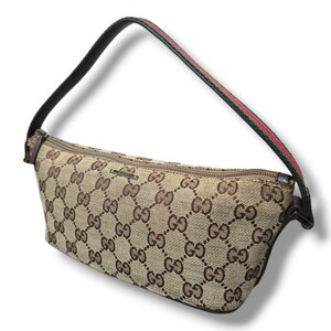 1円スタート 美品 GUCCI グッチ アクセサリーポーチ ハンドバッグ GGキャンバス レザー シェリーライン GG柄 ブラウン系 ロゴプレート