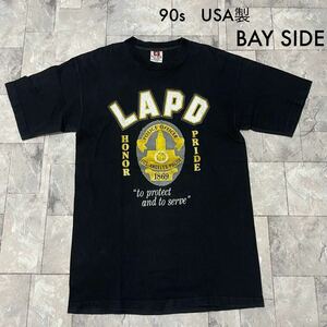 90s USA製 BAY SIDE ベイサイド Tシャツ T-shirt TEE 半袖 ビッグプリントロゴ ロサンゼルス ポリス ヴィンテージ ブラック 玉SS1772