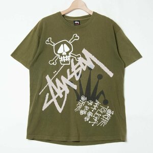 【1円スタート】 メール便◯ 00s Stussy ステューシー サイズL 半袖 プリント Tシャツ カーキ メキシコ製 クルーネック メンズ ストリート