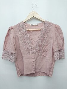 ◇ ⊂　Φ ZARA ザラ カットレース 五分袖 シャツ ブラウス サイズEUR L USA L MEX 30 ピンクベージュ系 レディース P