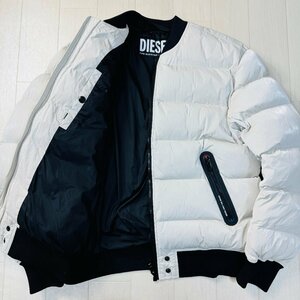 美品/XL-XXL相当★ディーゼル/DIESEL バックロゴプリント 肉厚極暖 ダウンジャケット 中綿ブルゾン アウター しわ加工 光沢感 メンズ 白