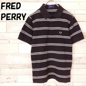 【人気】FRED PERRY/フレッドペリー ポルトガル製 ワンポイント刺繍ロゴ ボーダー ポロシャツ 鹿の子 ブラック サイズS/9365