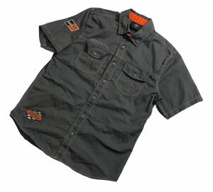 ■ HARLEY-DAVIDSON ハーレーダビッドソン ■ カスタム ロゴ ワッペン 半袖 コットン ライダース シャツ グレー M