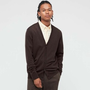 ★美品 UNIQLO エクストラファインメリノ Ｖネックカーディガン XL ダークブラウン ユニクロ 長袖 ウール ニット カーディガン ブランド