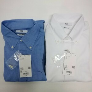 未使用 UNIQLO ユニクロ メンズ M 2点セット まとめて 長袖 スリムフィットシャツ ホワイト ブルー