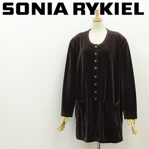 ◆SONIA RYKIEL ソニアリキエル ロゴ刺繍 ベロア ロング カーディガン ダークブラウン L