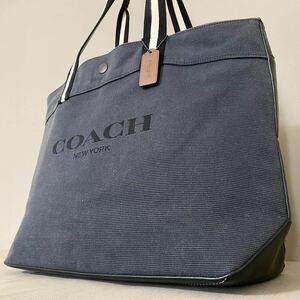 【未使用級/近年モデル】COACH コーチ トートバッグ メンズ ビジネス TOTE BAG 肩掛け A4可 大容量 ロゴ C4017 キャンバス レザー ネイビー