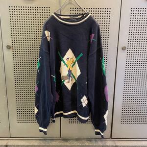 古着　ヴィンテージ　vintage ニット　デザインニット　柄ニット　総柄ニット　アーガイル　ゴルフ　ビックサイズ　個性派