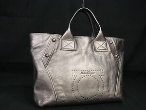 1円 ■美品■ Salvatore Ferragamo フェラガモ FJ-21 A728 ガンチーニ レザー パンチング ハンドバッグ ブロンズ系 BK2412