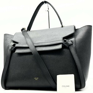 確実正規品／美品☆ CELINE セリーヌ ベルトバッグ 2way ブラック 黒 ハンドバッグ ショルダーバッグ トートバッグ レザー カーフスキン