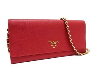 1円 ■美品■ PRADA プラダ サフィアーノレザー チェーン クロスボディ ショルダーウォレット 長財布 二つ折り レッド系 FK1660